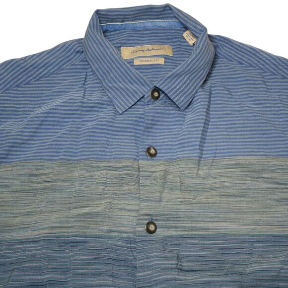 Tommy Bahama Men's Size - XL Blue Striped Silk Hawaiian Beach Shirt - Picture 1 of 5